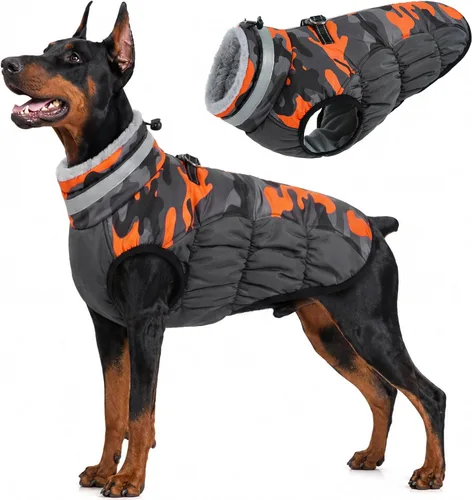 Vista 13 de Lelepet Abrigo cálido para perro, abrigo de invierno para perro, chaqueta impermeable para perros con arnés integrado reflectante de forro polar