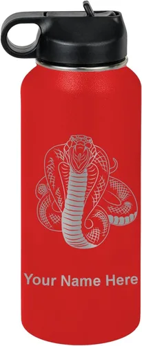 Vista 34 de LaserGram Botella de agua personalizada, serpiente de cobra, acero inoxidable de doble pared aislada al vacío con popote superior, regalo grabado