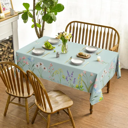Vista 2 de Horaldaily Mantel de Primavera 52×70 Pulgadas Rectangular, Acuarela Flores Silvestres Florecientes Floral Verde Lavable Cubierta de Mesa Estacional