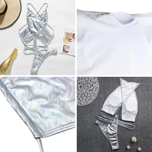 Vista 5 de JUMISEE Bikini con tiras de holograma brillante neón para mujer, sexy, halter envolvente, traje de baño con tanga para fiesta rave