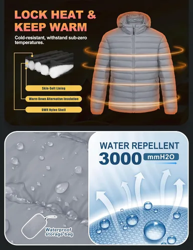 Vista 3 de Chaqueta acolchada ligera y plegable para hombre, con capucha, aislada, resistente al agua, para esquí, senderismo, viajes