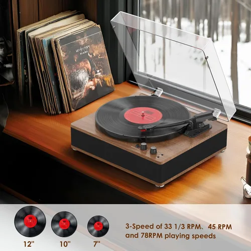Vista 4 de Tocadiscos de vinilo Bluetooth de 3 velocidades de tamaño completo con entrada/salida Bluetooth, altavoces integrados, contrapeso y parada Canela