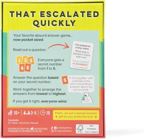 Vista 6 de Exploding Kittens Eso escaló rápidamente Grab & Game Your favorite absurd answer game, now pocket-sized! Work together to rank wild things in the