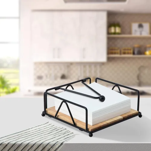 Vista 7 de Servilletero cuadrado – Dispensador de servilletas de mesa duradero con brazo pesado, almacenamiento de servilletas de metal con base de madera