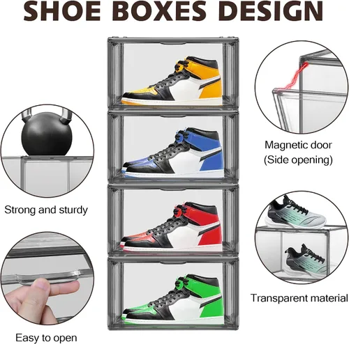 Vista 3 de Paquete de 2 cajas de zapatos de acrílico para armario, transparentes, apilables, tamaño 12 contenedores de almacenamiento de zapatos con tapas