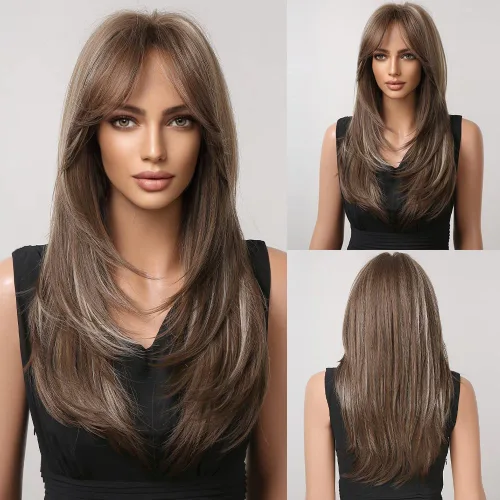 Vista 16 de HAIRCUBE Pelucas Auburn para Mujeres, Pelucas Largas en Capas Naranjas con Flequillo, Pelucas de Fibra Sintética Resistentes al Calor