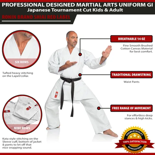 Vista 2 de Ronin Shiai Red Label Pesado Karate Gi 14 oz de lona cepillada, corte torneo, uniforme de artes marciales