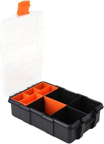 Vista 4 de Caja de almacenamiento de PP resistente con 11 compartimentos ranuras, estuche de almacenamiento de dos capas para tornillos, tuercas y pernos