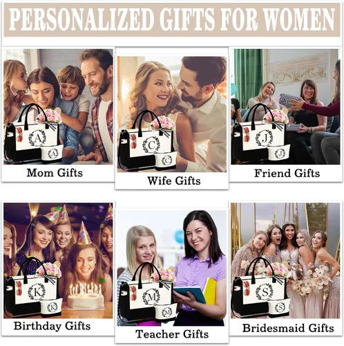 Vista 6 de YOOLIFE Bolsa de lona con inicial, bolsa de playa, bolsa de maquillaje con cremallera, regalos personalizados para madres, amigas, regalos