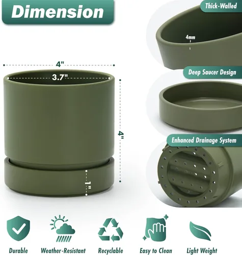 Vista 3 de Phoenix Vine 4 Inch Planter Pot with Drainage Hole & Saucer, Deep Water Catch Tray, Straight Cylindrical Round Pot for Plants, Olive, Pack of 1