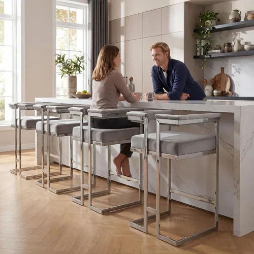 Vista 3 de DUOMAY Juego de 2 taburetes de bar modernos, taburete de 26 pulgadas de altura de mostrador con acabado cromado de metal, silla de isla de cocina