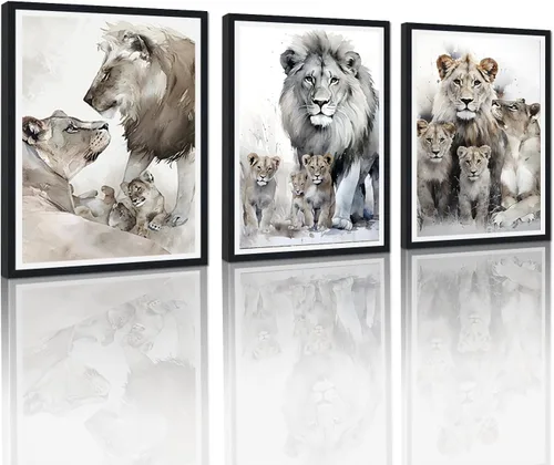 Vista 7 de 3 piezas modernas de lienzo de león de animales salvajes, pinturas de retratos de familia de leones, decoración de pared, obras de arte de sala