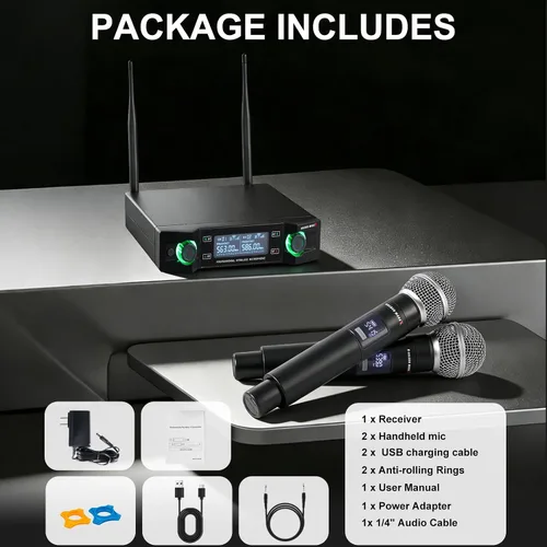 Vista 7 de Sistema de micrófono inalámbrico, mejorado de 2.4 GHz recargable profesional AI conexión automática de canal inalámbrico con distancia de recepción