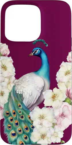 Vista 28 de iPhone 16 Peacock Bird with Long Feathers Watercolor Flowers Case