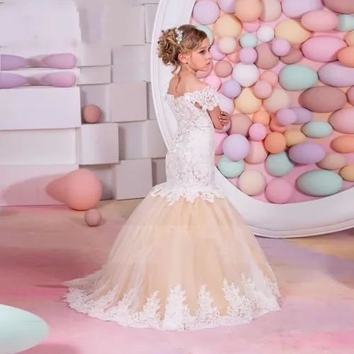 Vista 3 de Vestidos de sirena para niña de flores para boda, encaje blanco, tul champán, vestido de dama de honor con cola