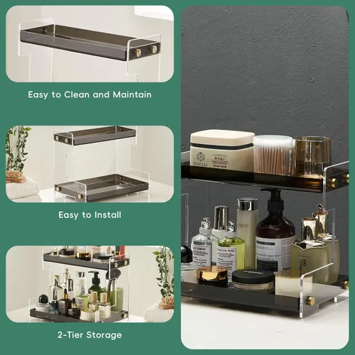 Vista 3 de SHUNLI Organizador de acrílico para encimera de baño, estante de almacenamiento de 2 niveles, organizador de baño, soporte de cosméticos