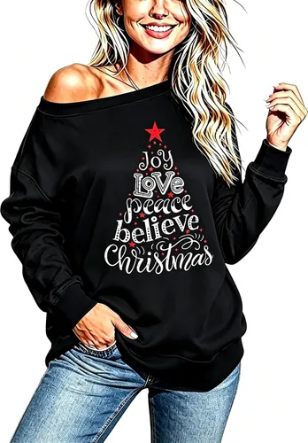 Vista 9 de Sudadera holgada de manga larga con hombros descubiertos para mujer de Halloween Gorro de Navidad negro