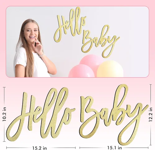 Vista 2 de HELLO BABY Letrero (madera/dorado) para decoración de baby shower, pancarta de fiesta, revelación de género, anuncios de bebé, fiesta de primer
