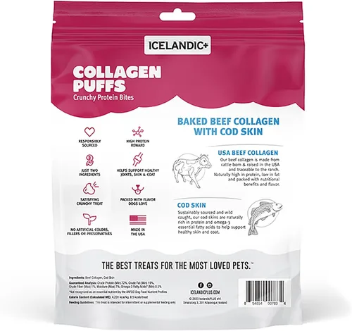Vista 2 de Icelandic+ Colágeno Puffs: Colágeno de carne al horno con piel de bacalao, 2.5 onzas, golosinas para perros medianos y grandes, bocadillos