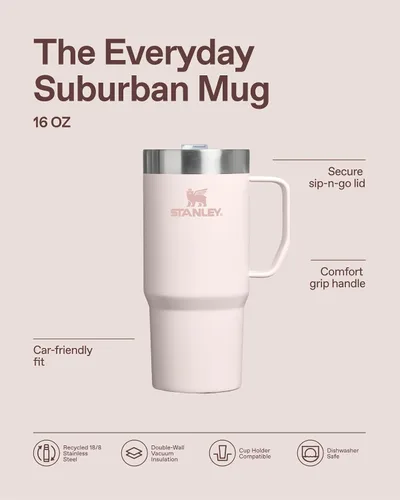 Vista 7 de STANLEY La Taza Suburbana Cotidiana 473 ml Beber a Través de la Tapa Taza para Café, Té y Bebidas Taza de Café de Acero Inoxidable Aislada