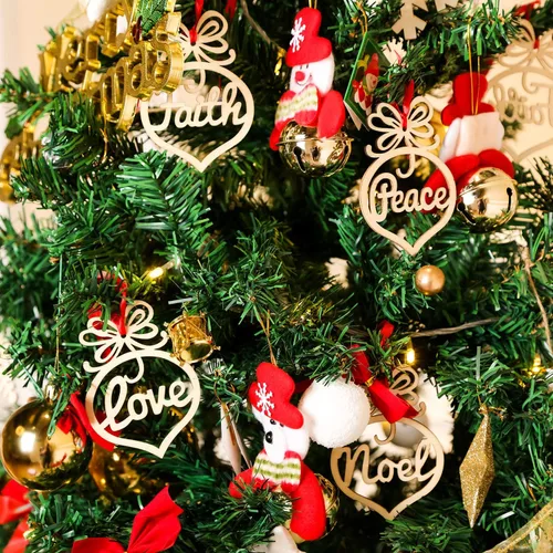Vista 6 de Bememo 30 adornos de Navidad a granel de madera para árbol de Navidad, colgantes de fe, esperanza, rústico, religioso, cristiano, adornos huecos