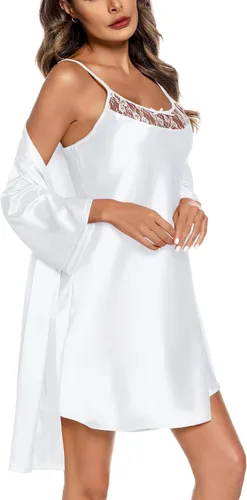 Vista 2 de SWOMOG Conjunto de batas de satén para mujer, conjunto de pijama de seda de 2 piezas, camisón de encaje con batas, ropa de dormir, kimonos de boda