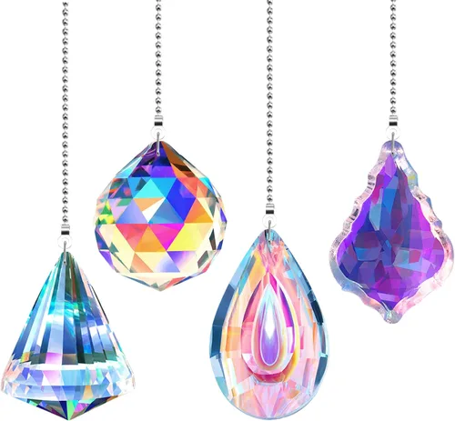 Vista 8 de Honoson - Cadena de tracción para ventilador de techo de cristal, diseño de gota de corazón Rainbow Prism Extension with Ball Connector, 22 Inch