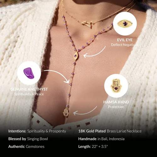 Vista 2 de KARMA AND LUCK - Spiritual Resilience - Women's 18K Gold Plated Genuine Stones Rosary Necklace Lariat Necklace with Hamsa & Evil Eye Symbol handmade