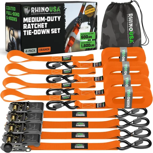 Vista 8 de Rhino USA - Correas de trinquete de amarre (4), 1 pulgada x 15 pies (resistencia 1823 libras), con ganchos en S de seguridad, alta calidad para Negro
