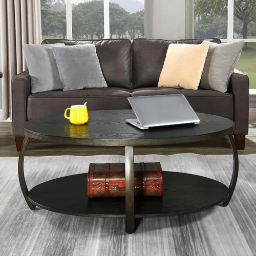 Vista 5 de KFZ2439DK - Mesa auxiliar ovalada con estante de almacenamiento, mesa de té de centro industrial con patas de metal, mesa de sofá lateral de granja
