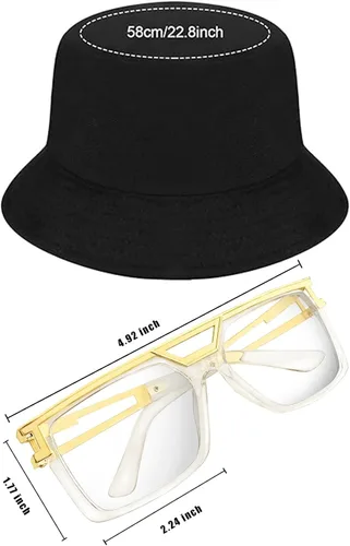 Vista 2 de TIDAXU Kit de disfraz de hip hop para adultos de los años 8090, cosplay de Halloween con accesorios de rapero, sombrero de pescador, collar dorado