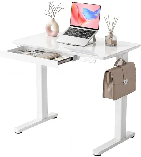Vista 20 de INNOVAR Escritorio de pie de cristal con cajones, escritorio de pie ajustable de 32 x 19 pulgadas, escritorio de computadora de oficina en casa