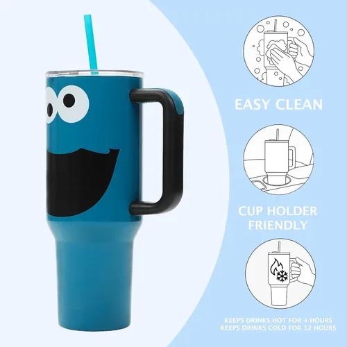 Vista 2 de Bioworld Sesame Street Cookie Monster - Vaso de acero inoxidable azul de 40 onzas con asa