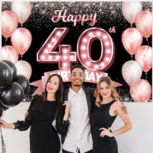 Vista 358 de Cartel de feliz cumpleaños décimo oro rosa, telón de fondo, saludos a 10 años, globos de confeti, decoración temática para niñas de 10 años