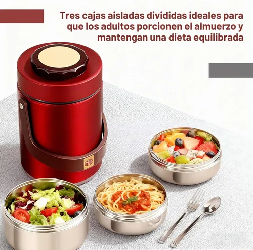 Vista 6 de Contenedor de comida aislado al vacío de 67 onzas para alimentos calientes, termo de alimentos apilable sellado de 3 niveles, lonchera térmica