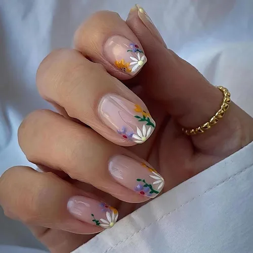 Vista 14 de Uñas postizas ovaladas a presión con puntas francesas, juego de uñas postizas cortas de flores artificiales, uñas postizas acrílicas con diseños