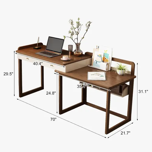 Vista 3 de Lartis Escritorio extensible de madera maciza de 70 pulgadas, mesa de estudio de almacenamiento con unidad lateral, banco de trabajo multifuncional