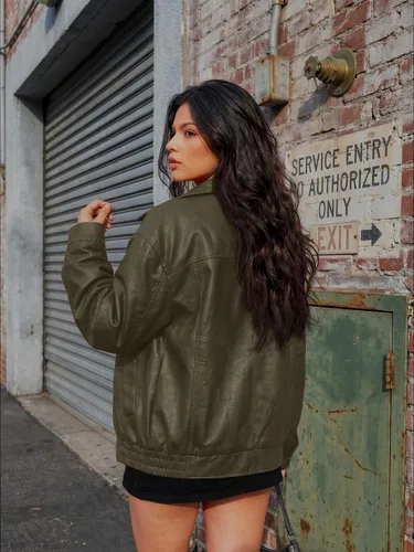 Vista 4 de AUTOMET Chaqueta de piel sintética de gran tamaño para mujer para otoño e Verde Armada (ArmyGreen)