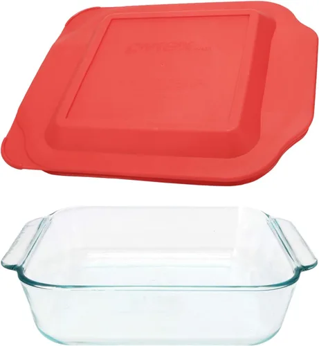 Vista 6 de Pyrex Fuente cuadrada para horno, de 8 pulgadas, con tapa plástica roja.
