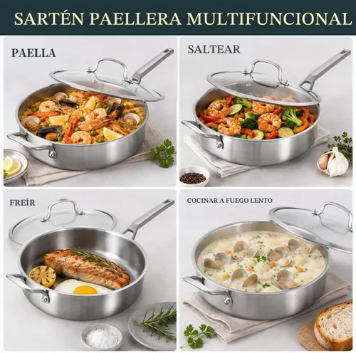 Vista 8 de Yeksum Sartén de acero inoxidable de tres capas, 7 cuartos de galón, sartén de 12 pulgadas de profundidad con tapas, sartén grande de 3 capas
