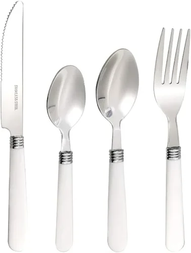 Vista 7 de Juego de cubiertos blancos para 6 cubiertos duraderos de acero inoxidable, 24 piezas, mango blanco (ABS), incluye cucharaditas, cuchillos, tenedores