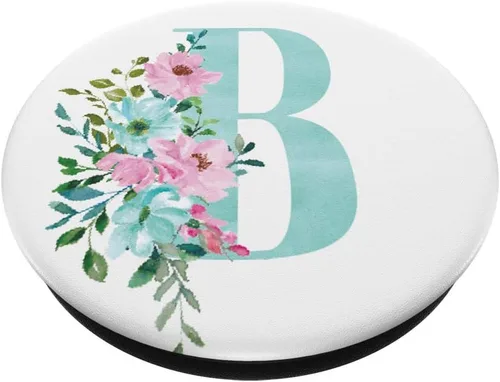 Vista 2 de PopSockets - Letra inicial B para teléfonos y tabletas, diseño floral, color verde y rosa