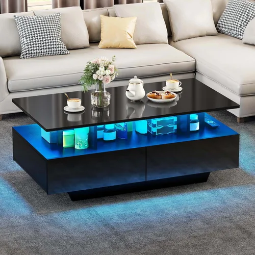 Vista 8 de YITAHOME - Mesa de café LED con almacenamiento, mesas de café LED de alto brillo para sala de estar, mesa de café negra moderna rectangular, mesa