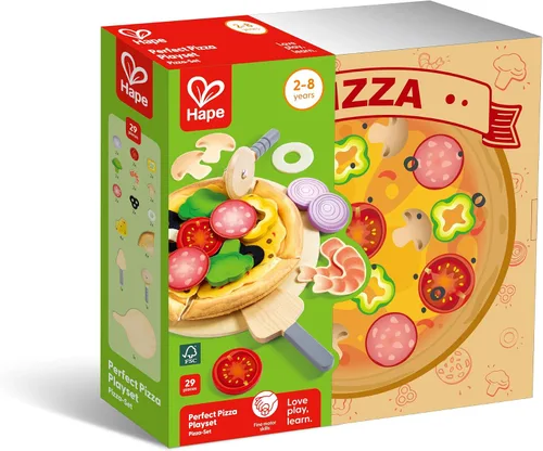 Vista 4 de Hape Juego de madera de pizza perfecto para cocina de niños, horno de pizza 2 en 1 y caja de entrega, 29 piezas de juego de simulación para niños