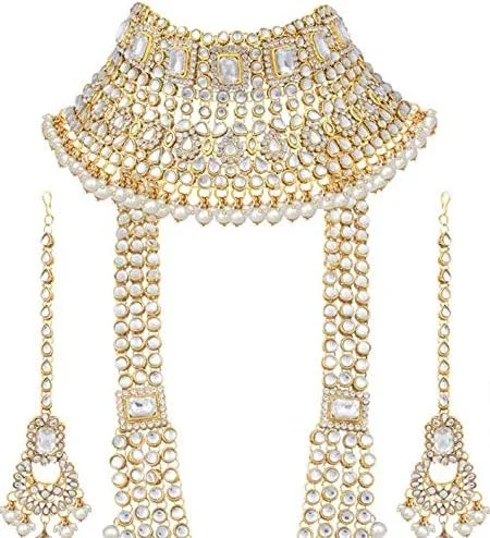 Vista 5 de Aheli Traditional Wedding Indian Bharatanatyam jewellery set Long Choker Necklace Earrings Maang Tikka Nath Paasa Hath Phool Gift for Women