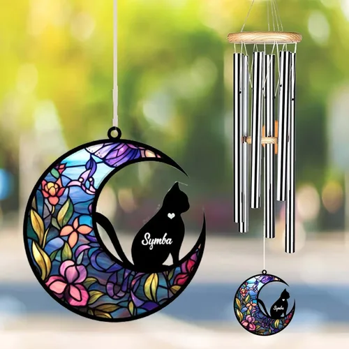 Vista 3 de Campanilla de viento conmemorativa personalizada para gatos, regalo de condolencias por pérdida de mascotas, regalo conmemorativo para gatos
