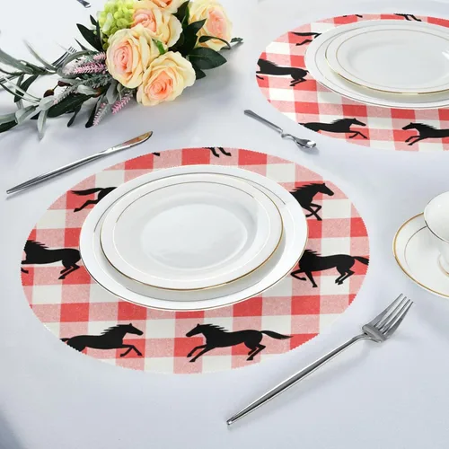 Vista 6 de Red Checkered Running Horse Circle placemats Solid placemats for Dining Table Set of 4 15x15 in individuales para comedor