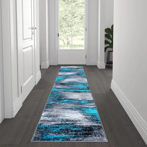 Vista 13 de Flash Furniture Rylan Collection - Alfombra contemporánea de olefinas azules, de pelo alto, 2 x 10 pies, respaldo de yute, pasillo, entrada