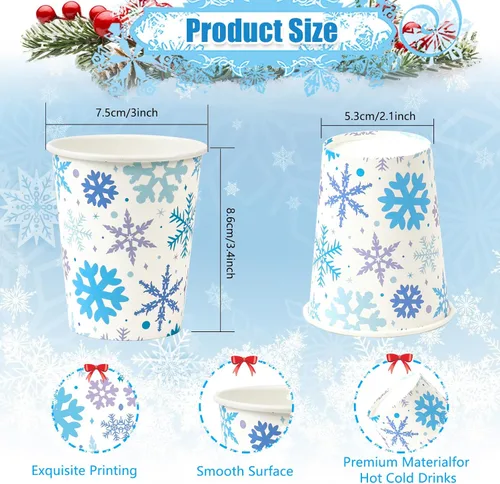Vista 2 de 100 vasos de papel de copo de nieve de Navidad de 9 onzas, vasos de papel de Navidad, tazas de café desechables de Navidad, tazas de Navidad, vasos