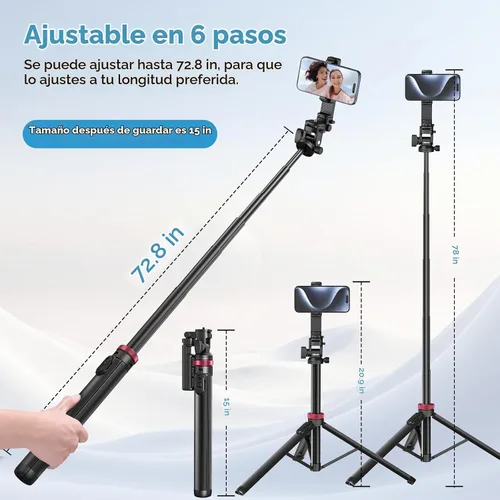 Vista 2 de ULANZI MT-78 Trípode extensible para teléfono, de metal de 72.83 pulgadas, soporte de trípode para cámara selfie stick con clip de teléfono 2 en 1